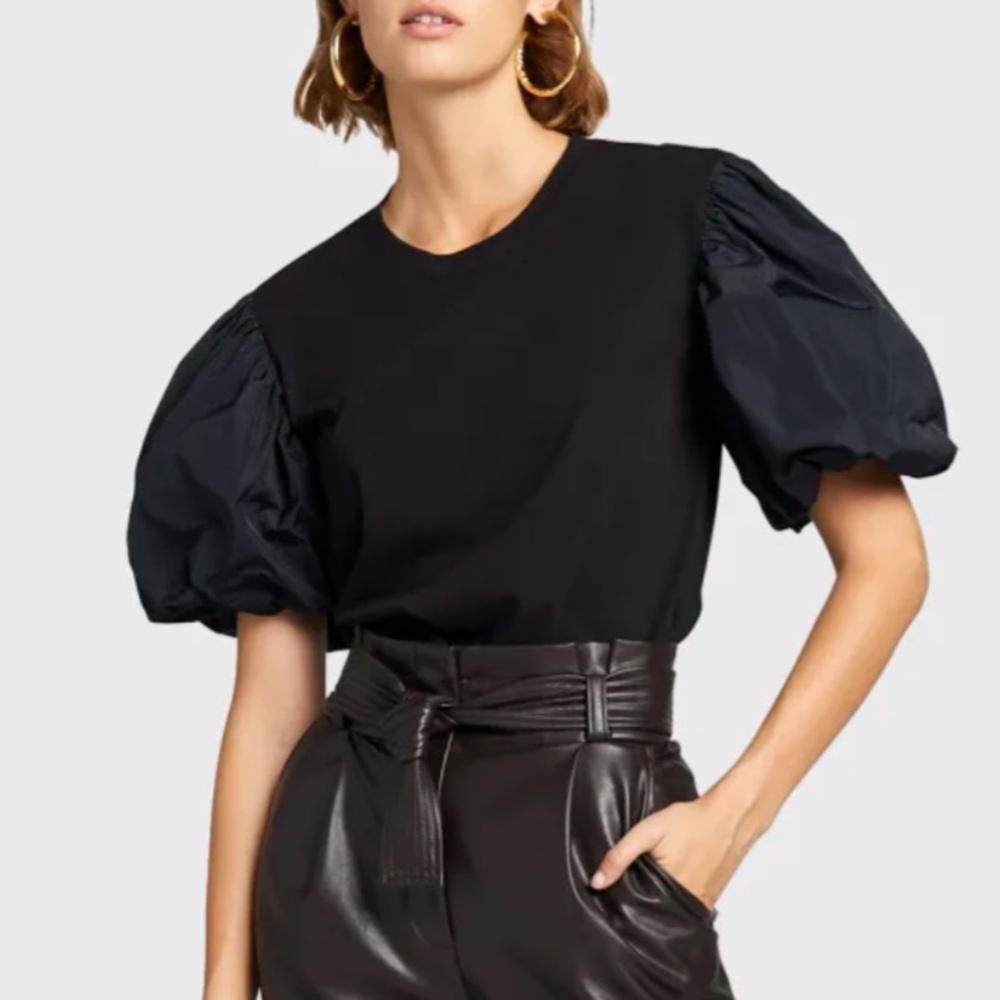 A.L.C. Cassandra Taffeta Black Puff-Sleeve T-Shirt